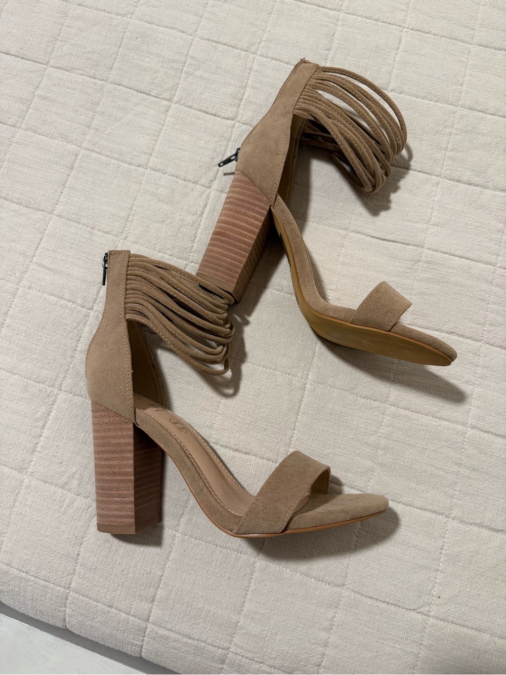 Mi.iM Taupe Fringe Suede Block Heel Sandals